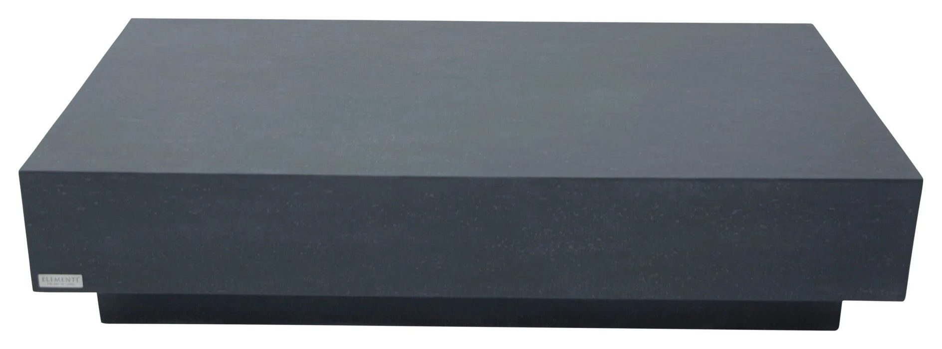 A top-down, slightly angled view showcases a large, rectangular coffee table with a modern, minimalist design. The table appears to be constructed from a dark, slate-black concrete coffee table