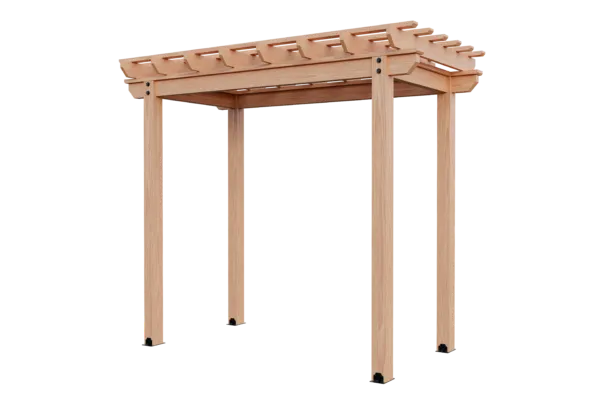 A low-angle 3D rendering of a light-colored wooden pergola with four posts and a slatted roof, shown against a checkered transparent background.