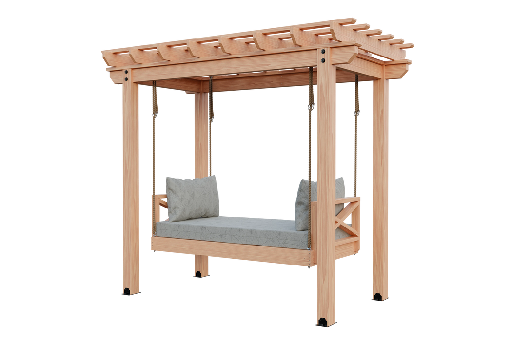 Digitally rendered Amish Solace Cedar Pergola featuring a hanging swing with gray cushions, suspended by ropes, against a transparent background.