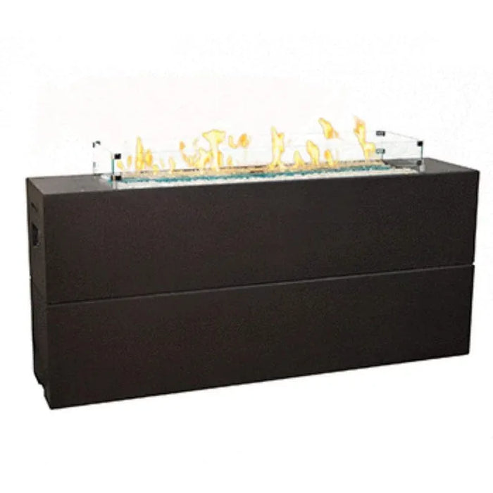 Image of the American Fyre Designs 72" Milan Tall Linear Gas Fire Table, featuring a dark gray rectangular base, linear burner with yellow flames, glass wind guard, and decorative fire glass.