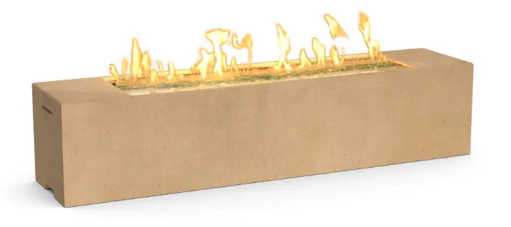 American Fyre Designs Milan Low Linear Fire Table, featuring a tan rectangular base with a linear burner displaying yellow flames.