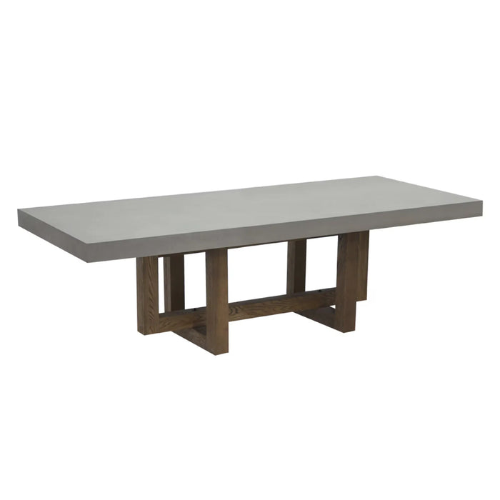 A rectangular outdoor dining table with a light gray concrete tabletop and a dark brown wooden base with a trestle design.