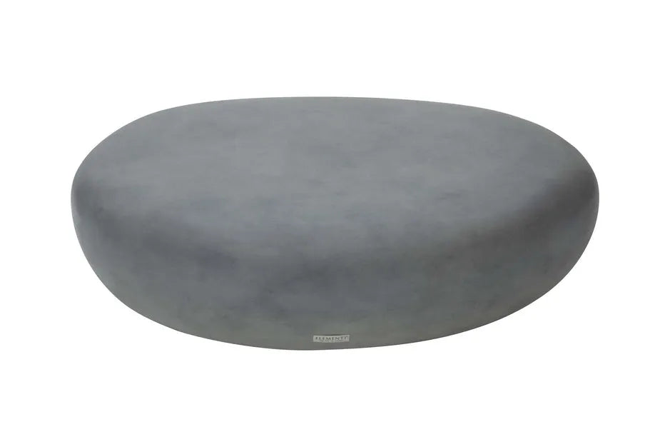 A smooth, light grey, oval-shaped outdoor coffee table with a low profile, isolated on a white background.