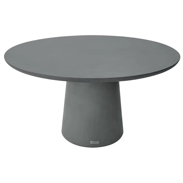 A round outdoor dining table featuring a smooth, grey concrete tabletop supported by a solid, tapered pedestal base made of the same material.