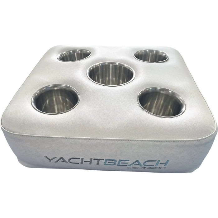 Silver cup holder with five compartments on a white background, featuring 'Yachtbeach' branding.