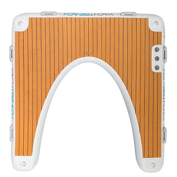 Inflatable jet ski dock with white arch, branded 'Yacht & Beach'.