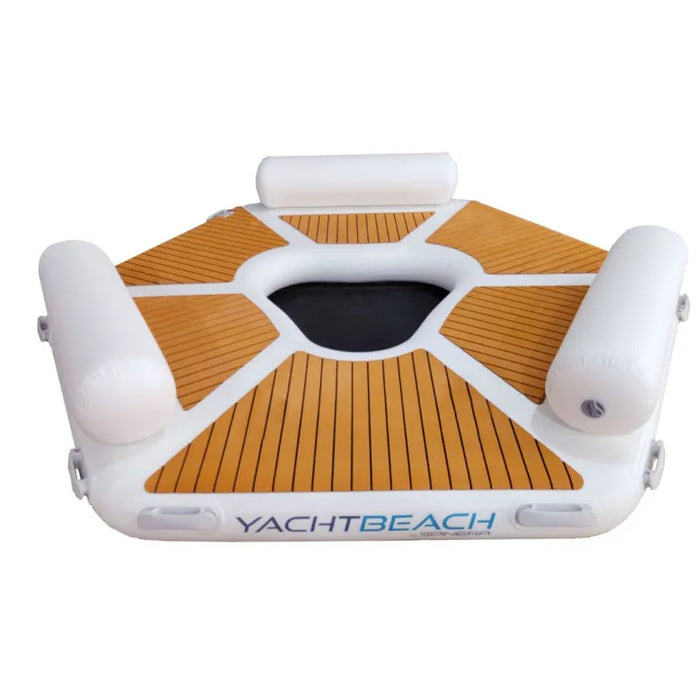 Inflatable yacht platform in premium teak with backrest, branded 'YACHTBEACH', on a white background
