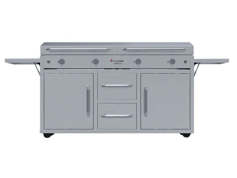 A stainless steel outdoor kitchen with two griddles, a set of drawers, and two doors on the bottom. The griddles have lids on them.