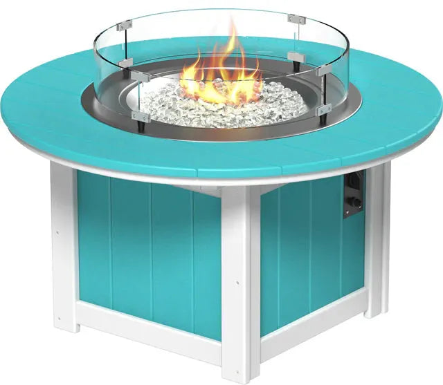 Blue round fire pit table for patio with glass wind guard.