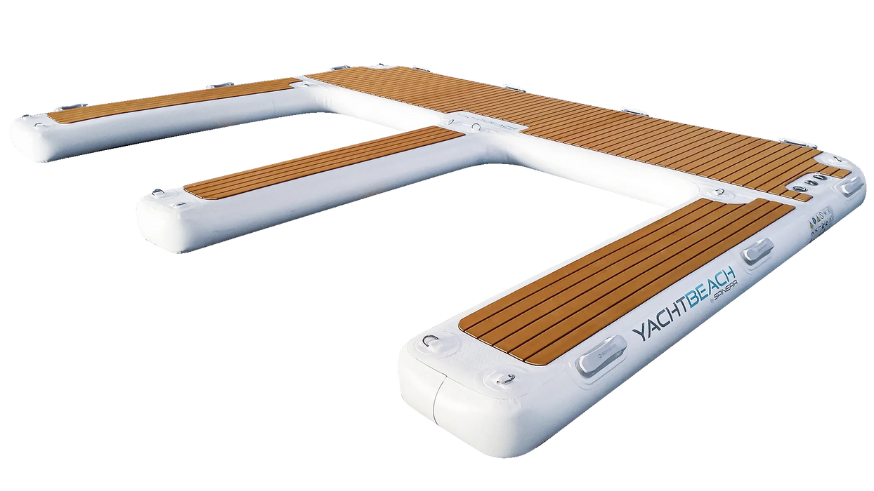 Inflatable jet ski dock with wooden deck and 'Yacht Beach' branding on a white background