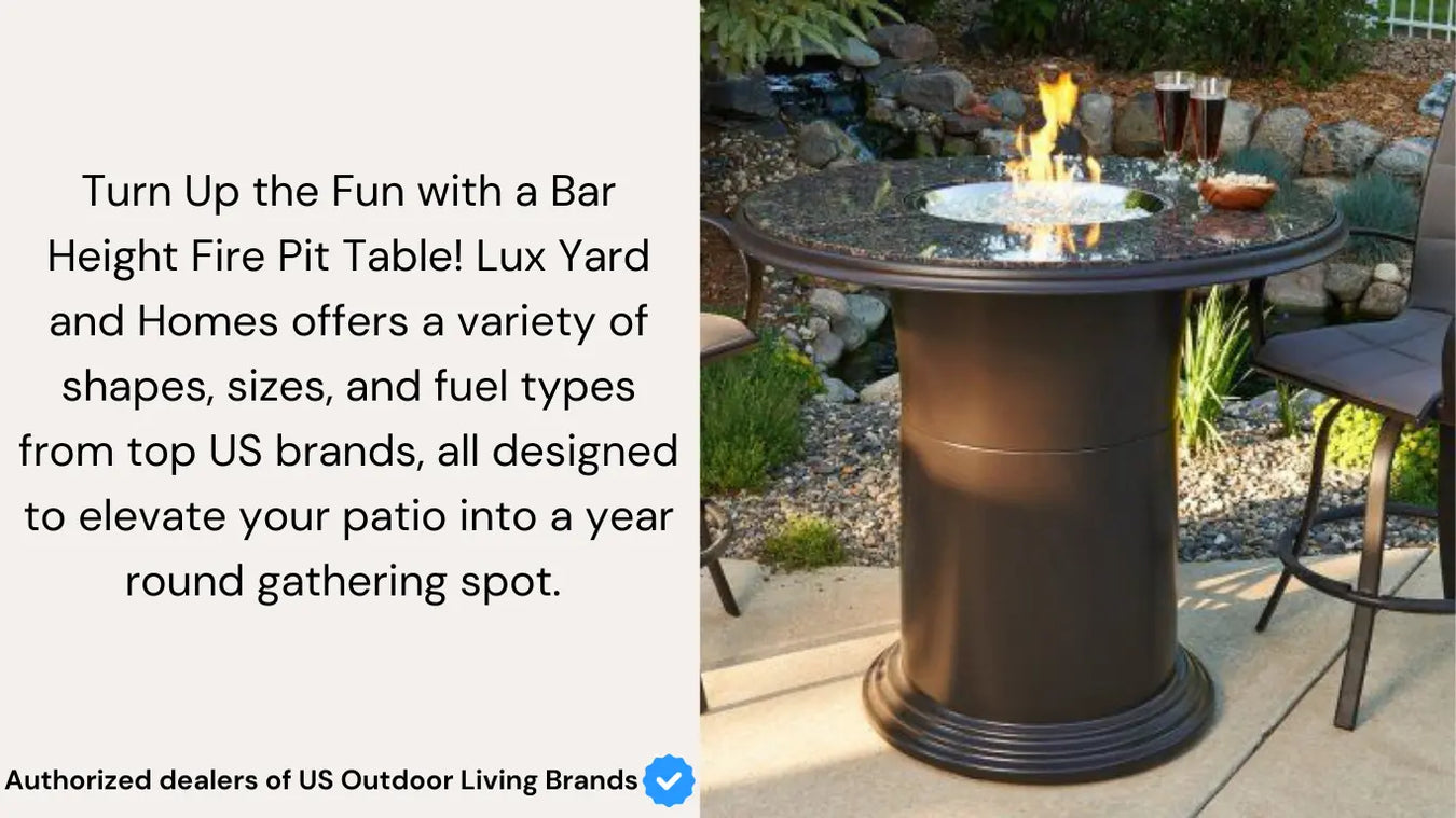 black round bar height fire pit table with stools in outdoor setting