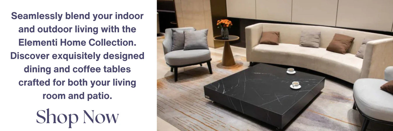 large marble porcelain outdoor coffee table in beautiful commercial setting by elementi home