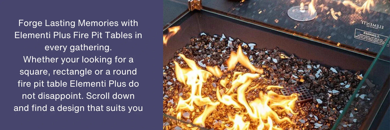 A close-up of a fire pit with flames burning among small, dark rocks. The fire pit has a glass enclosure on three sides.