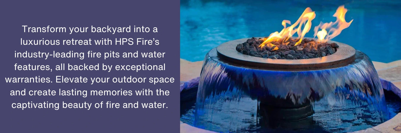 A circular fire pit and water feature in a swimming pool. The fire pit is in the center of the feature and has flames burning. Water flows over the edge of the fire pit and down into the pool, creating a cascading effect. 