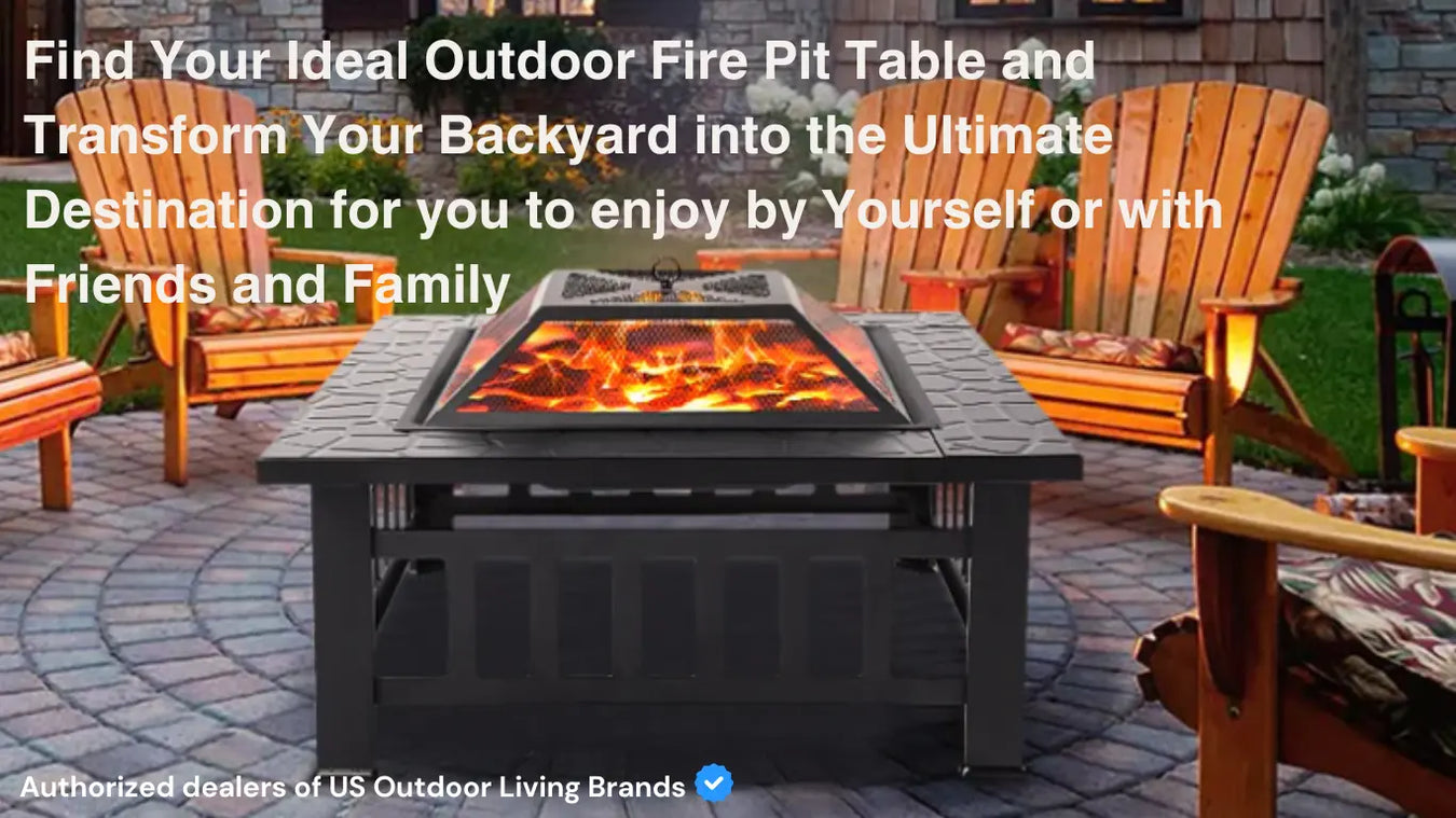 outdoor fire pit table in patio with paved floors surrounded by Adirondack chairs 