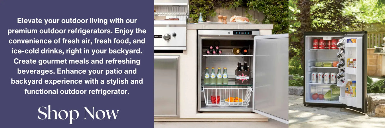 A stainless steel outdoor refrigerator built into an outdoor kitchen, next to a smaller, portable black refrigerator. Both are open, revealing their interior shelves and storage baskets.