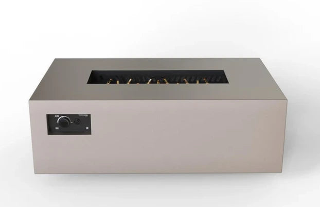 A front view of a beige rectangular gas fire pit table. A control panel with knobs is visible on the bottom left side.