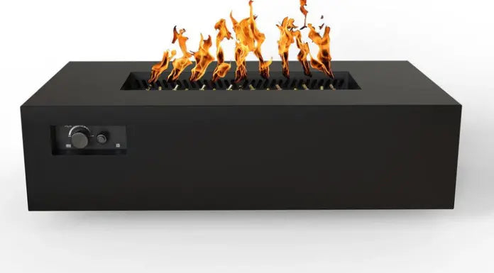 A rectangular fire table with a black powder-coated steel frame. Flames are visible burning inside the fire pit, and a control knob is located on the side.