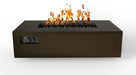  A rectangular fire table with a bronze powder-coated steel frame. Flames are visible burning inside the fire pit, and a control knob is located on the side.