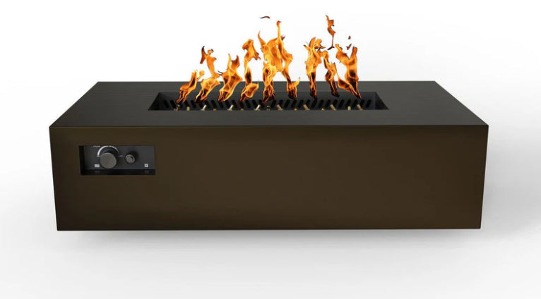  A rectangular fire table with a bronze powder-coated steel frame. Flames are visible burning inside the fire pit, and a control knob is located on the side.