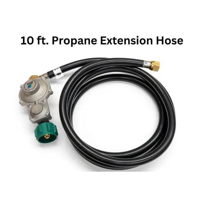 This 10-foot propane extension hose allows you to connect a propane tank to a gas appliance from a distance. It features a brass regulator for safe and reliable gas flow.