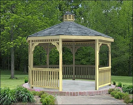 Octagon gazebo has a center post that supports the roof. The benches are located around the perimeter of the gazebo. The gazebo is open on all sides.