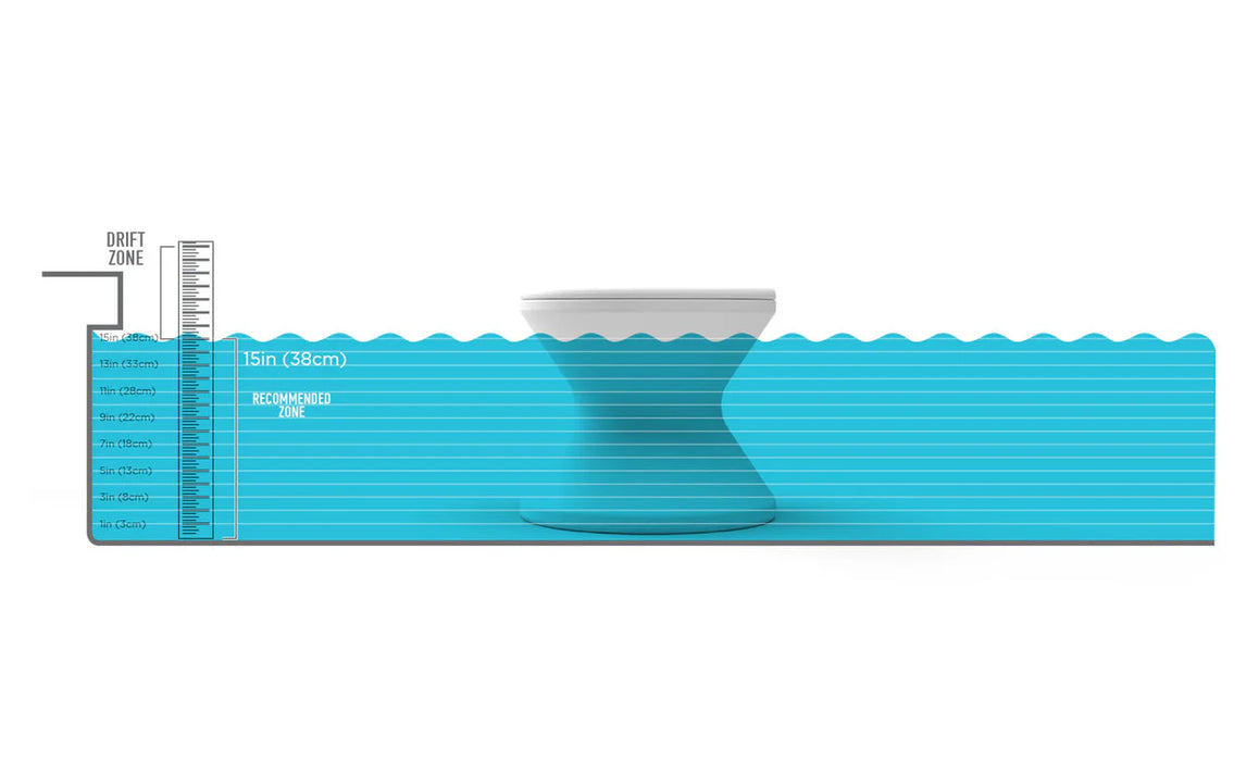 A diagram illustrating the recommended water depth for the Ledge Lounger Signature Tall Ice Bin Side Table. The table is shown floating in water with a ruler indicating the optimal water level at 15 inches (38 cm