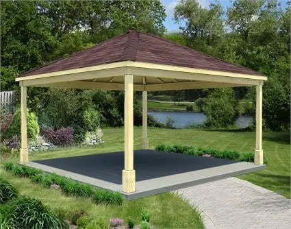 16 x 16 large pine wood gazebo with a gabled roof and a concrete base. The gazebo is surrounded by lush greenery and a lake is visible in the background.