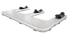 Inflatable boat with four ski boots attached on a white background