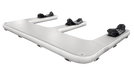 Inflatable boat with four ski boots attached on a white background