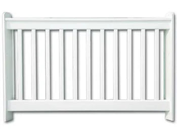 A white vinyl picket fence panel with 10 closely spaced pickets and rounded top.