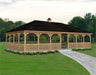 A large 20 ft by 40 ft square cedar gazebo with a double roof and decorative cupola. The gazebo features intricate latticework details, a spacious interior, and a surrounding picket fence.