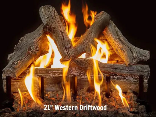 21inch western driftwood grand canyon gas logs burning yellow and orange flames on a 2 burner