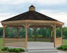  A large, wooden dodecagon gazebo with a shingled roof and decorative cupola. The gazebo features a spacious interior with open latticework walls and a surrounding deck.