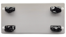 Metallic plate with four black knobs on a white background