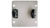 Metallic light switch plate with two black rocker switches on a white background