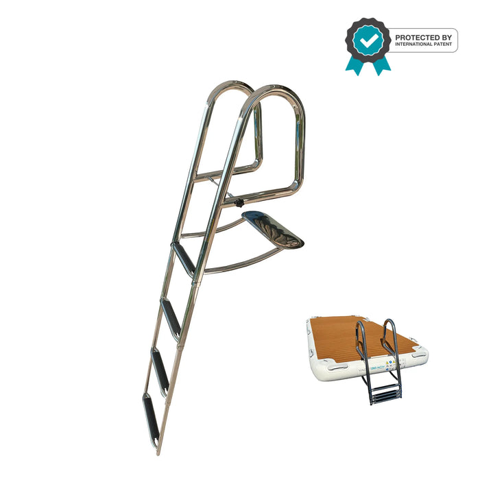 Metal boat swim ladder attached to a boat with a white background