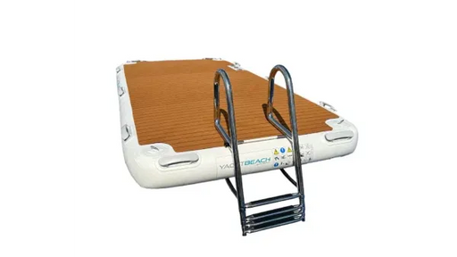 Inflatable dock with wooden deck and boarding boat ladder on a white background