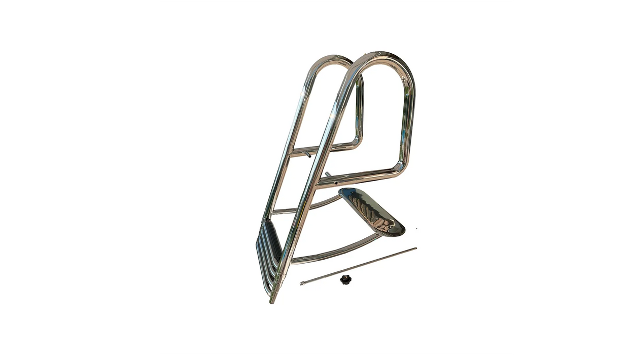Metal boarding boat ladder with installation hardware on a white background