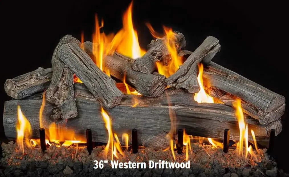 36inch western driftwood grand canyon gas logs burning yellow and orange flames on a 3 burner