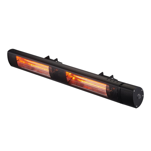 A black RADtec 38" Golden Tube Electric Patio Heater with a glowing golden tube element. A remote control is also shown on a white background.