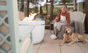 Diagram of the Ledge Lounger Halo Fire Pit showing its size, with a flame burning in the center bowl. There is a dog next to the round fire pit and lady have a drink a wine glass wile sitting down on fire pit chairs