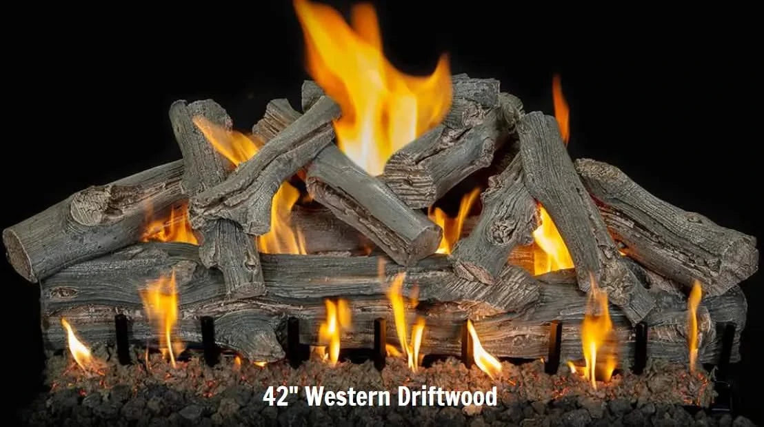 42inch western driftwood grand canyon gas logs burning yellow and orange flames on a bed of fire rocks on a 3 metal burner on a black background