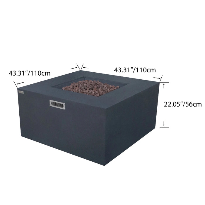 Dark gray square fire pit table with lava rocks in the center, diagram shows dimensions: 43.31 inches width and length, 22.05 inches height.