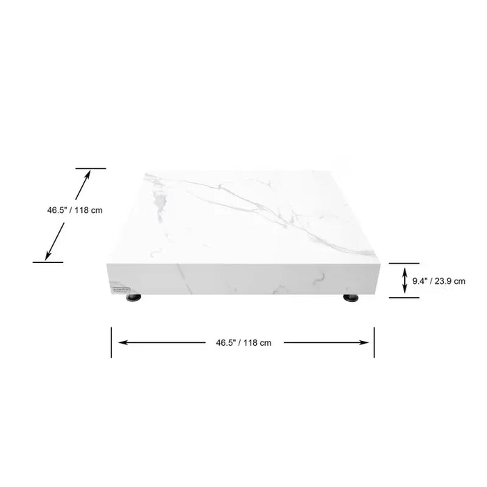 A diagram providing the length, width, and height specifications of a square coffee table. The length and width are both labeled as 46.5 inches / 118 cm, and the height is labeled as 9.4 inches / 23.9 cm. A simplified illustration of the table shows its square shape and low profile.
