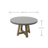 A round space grey concrete outdoor dining table with a wooden base, measuring 48 inches (122 cm) in diameter and 29.5 inches (75 cm) in height.