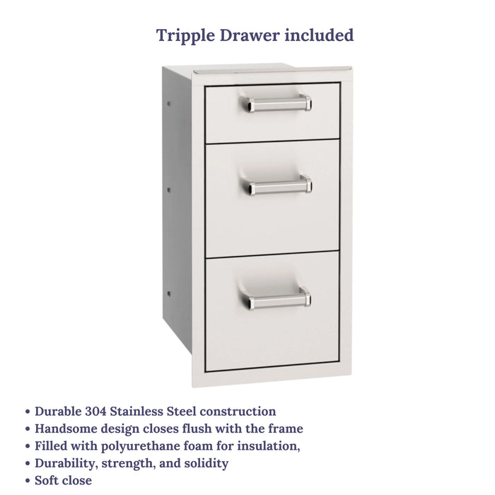 A close-up of a Fire Magic Triple Drawer. The drawer is made of stainless steel with three drawers and sleek, modern handles. The text "Tripple Drawer included" is displayed above the image