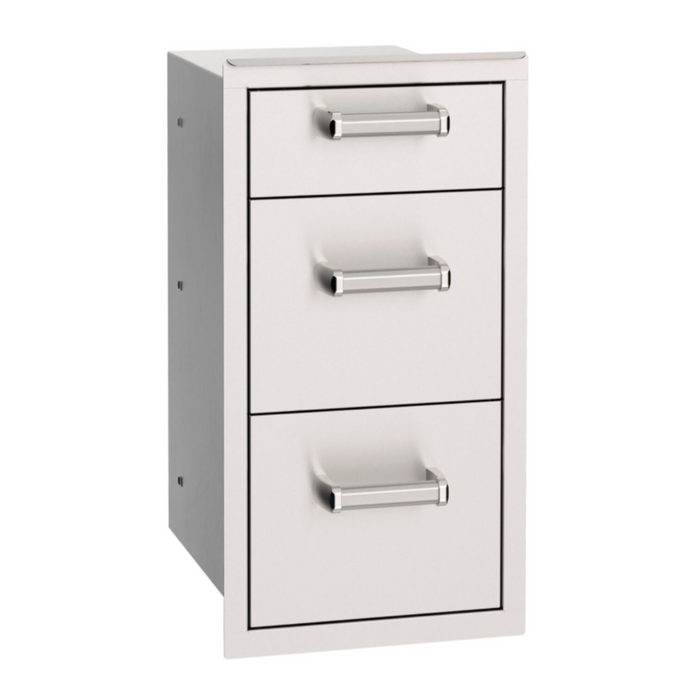 A stainless steel triple drawer unit with three drawers of varying heights. The drawers have smooth, rounded edges and sleek, modern handles.