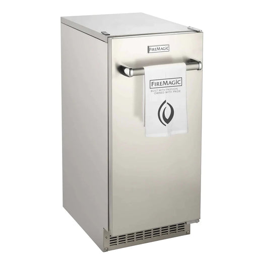 A stainless steel outdoor ice maker with a reversible door. The door features a horizontal handle that doubles as a towel bar. The ice maker has a sleek, modern design and is built to withstand outdoor elements.