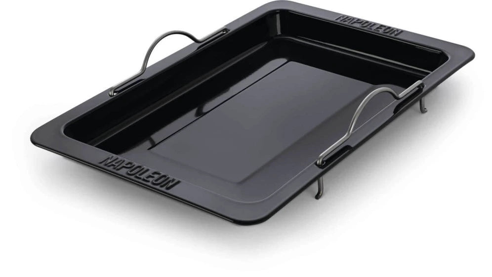 A black rectangular roasting pan with two metal handles on one side. The pan has the word "Napoleon" embossed on the bottom.